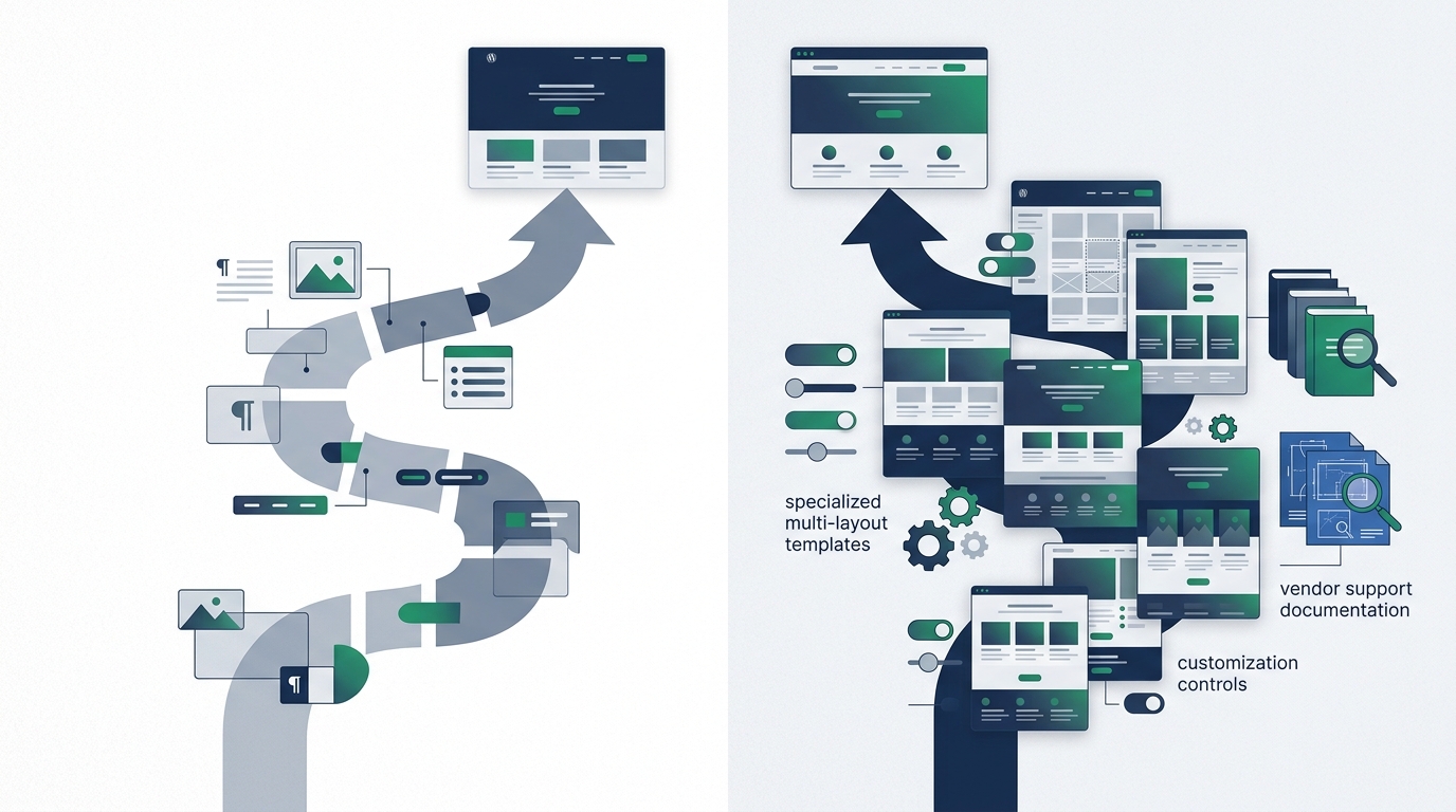 Clean editorial illustration comparing free open-source WordPress themes with commercial premium theme options across layout, customization, support, and licensing.