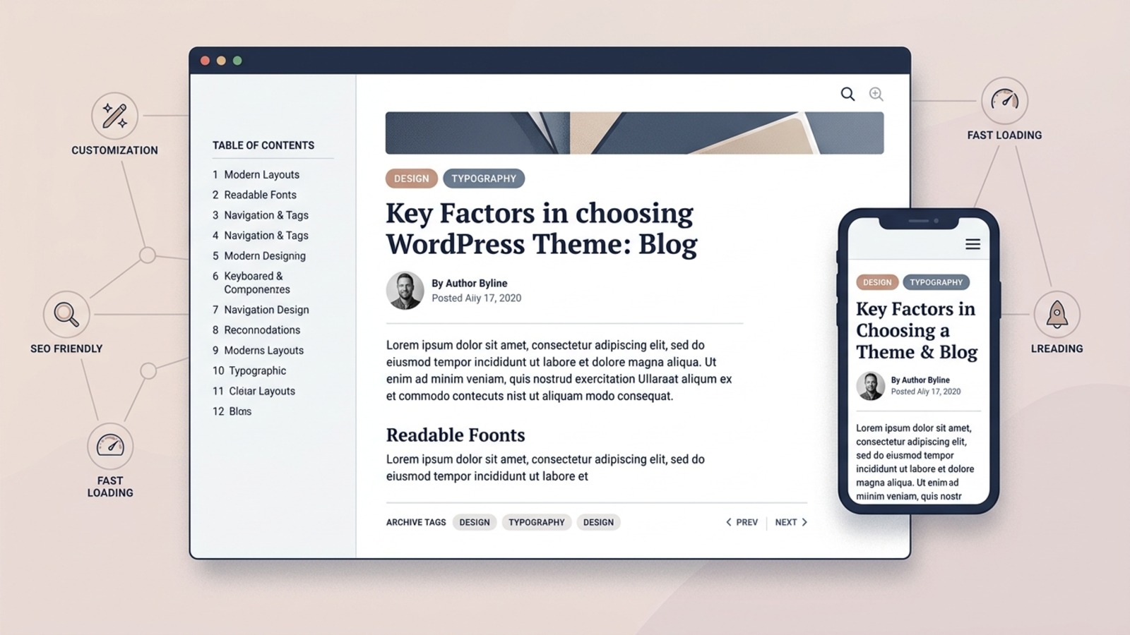 Clean editorial illustration representing the main factors in choosing a WordPress theme for a blog, including article layout, typography, navigation, categories, images, and mobile reading.