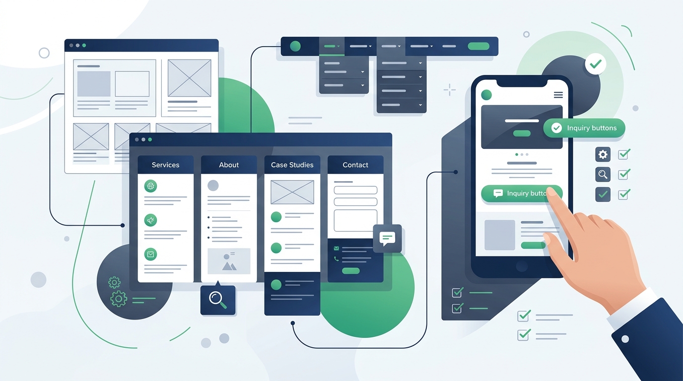 Clean editorial illustration representing the main factors in choosing a WordPress theme for a business website, including services, navigation, mobile design, customization, and contact options.