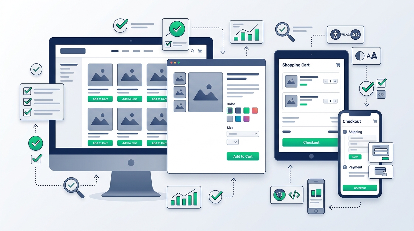 Clean editorial illustration showing a WooCommerce store theme evaluation concept, featuring product catalog layout, single product display with variation options, mobile shopping experience, and inspection checklist.