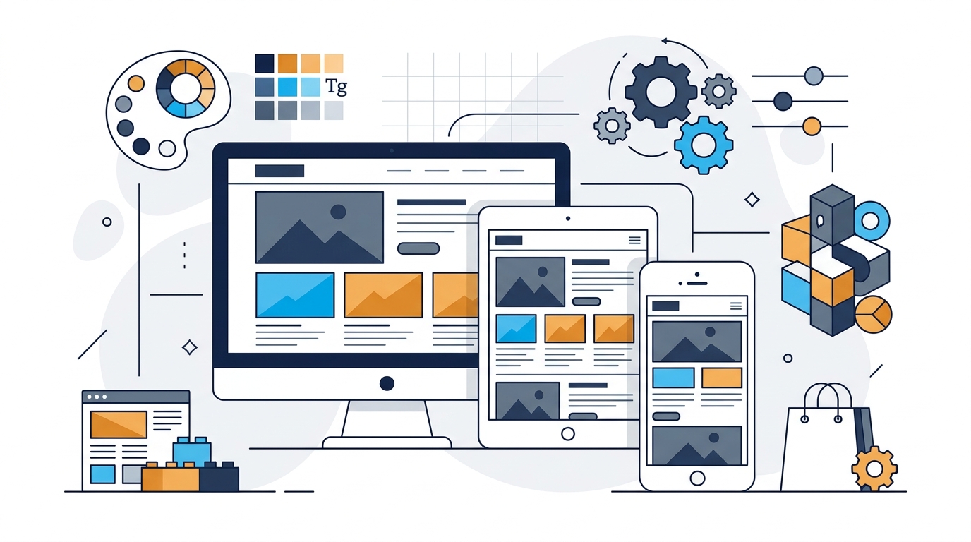 Clean editorial illustration representing how to choose a WordPress theme: responsive layouts across mobile and desktop, color palettes, modular blocks, and customization controls.