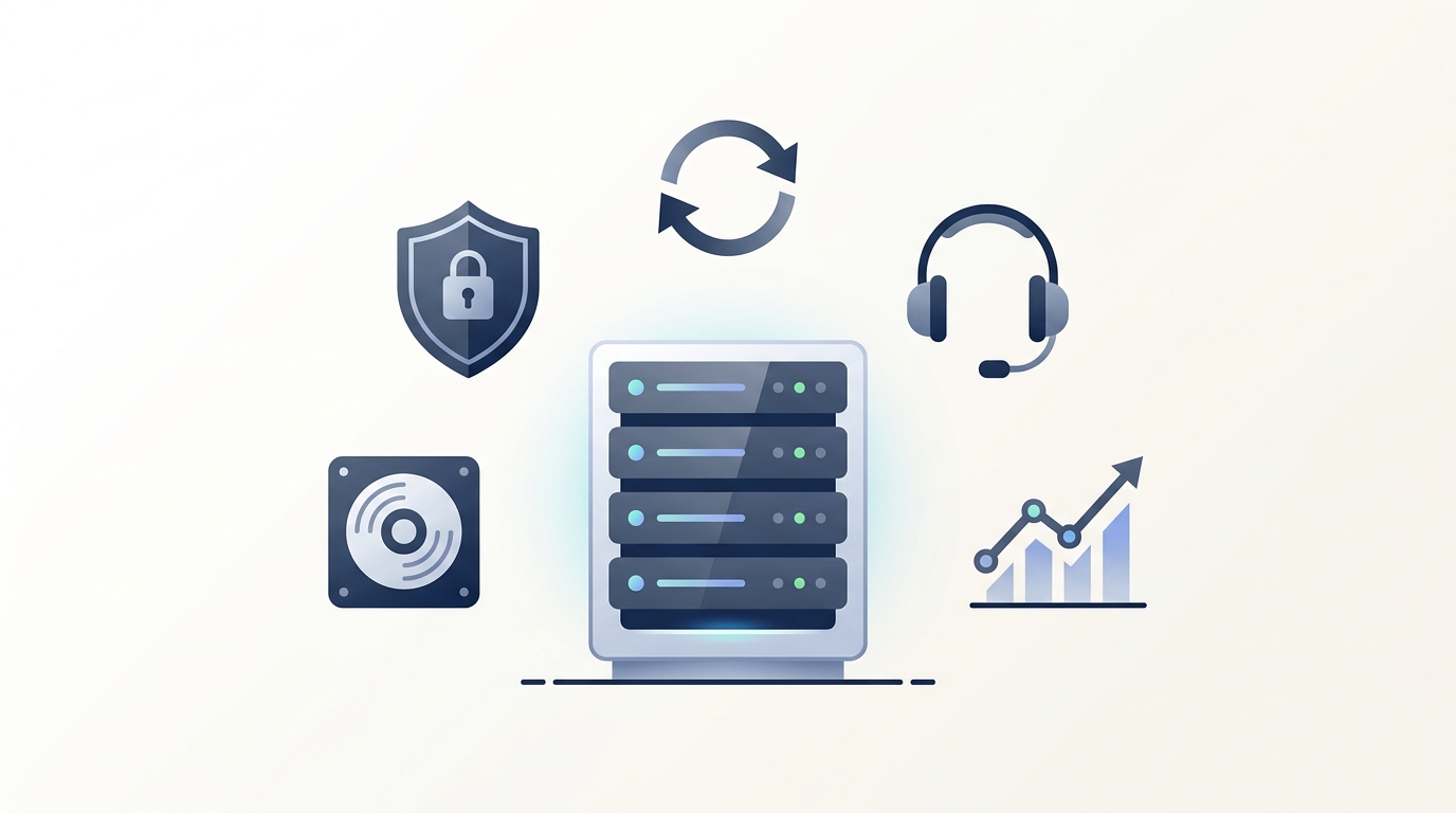 Clean editorial illustration representing core factors in choosing web hosting: server infrastructure, compute resources, security, automated backups, support, and scalability.
