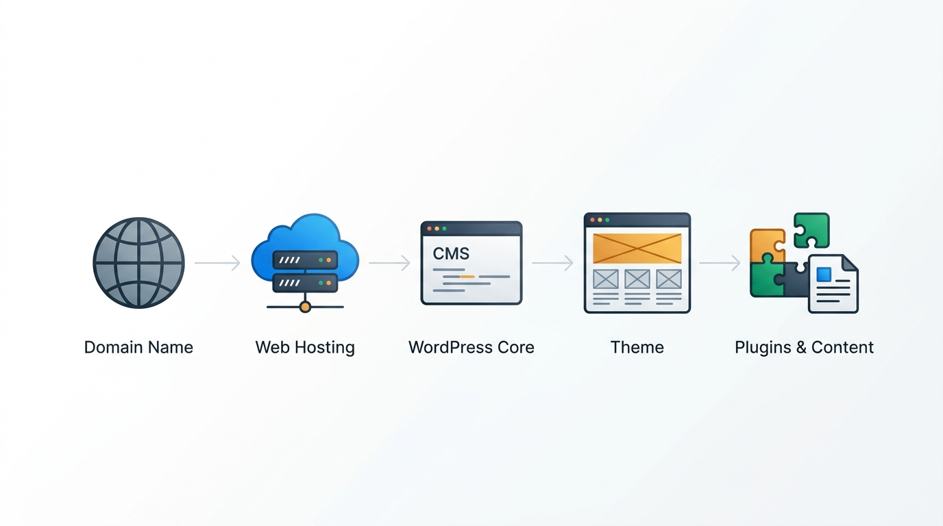 Clean editorial illustration showing the foundational components needed to build a WordPress website: Domain, Web Hosting, WordPress Core, Theme, and Content.