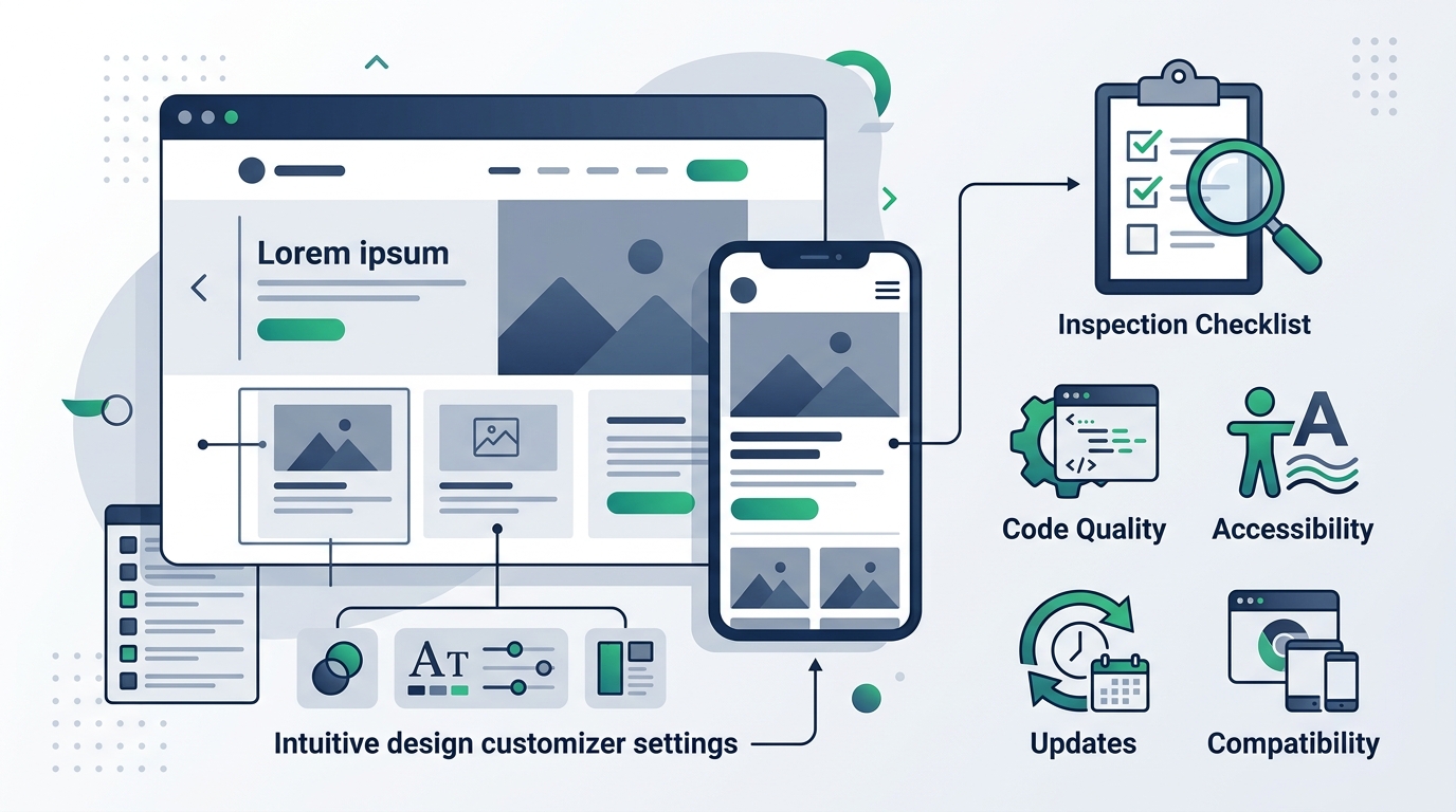 Clean editorial illustration representing a WordPress theme evaluation checklist, showing responsive desktop and mobile layouts, customizer settings, and inspection criteria.
