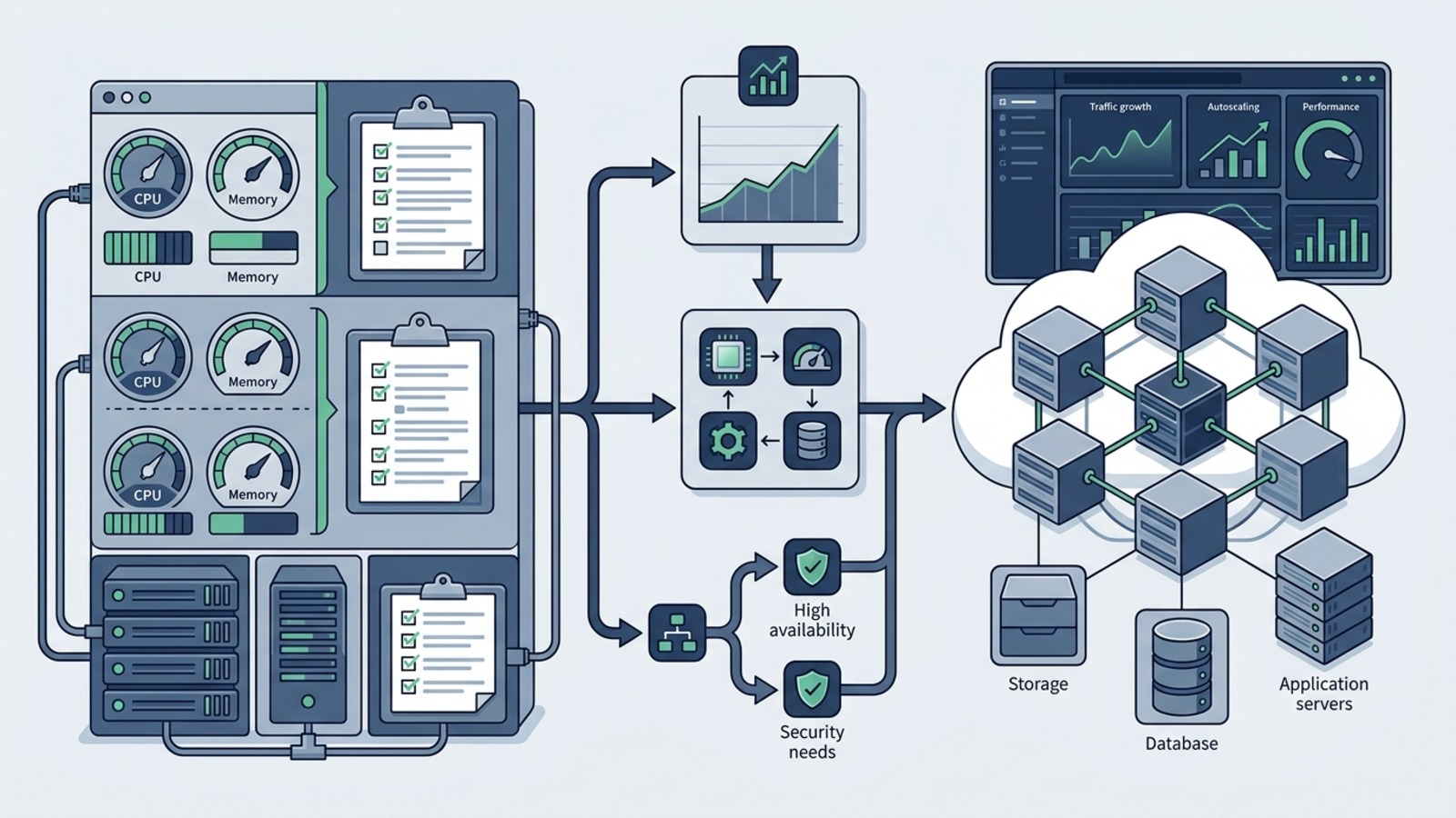 Clean editorial illustration showing the decision points for moving from shared hosting to a more scalable cloud hosting environment.